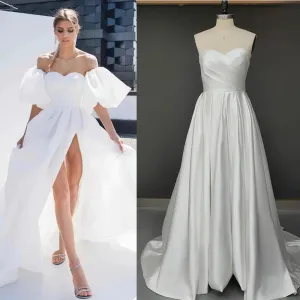 Luxe Satin Sweetheart Strapless Minimalist Bridal Gowns Customized Drop Ship Simple High Split Removable Sleeves Wedding Dress