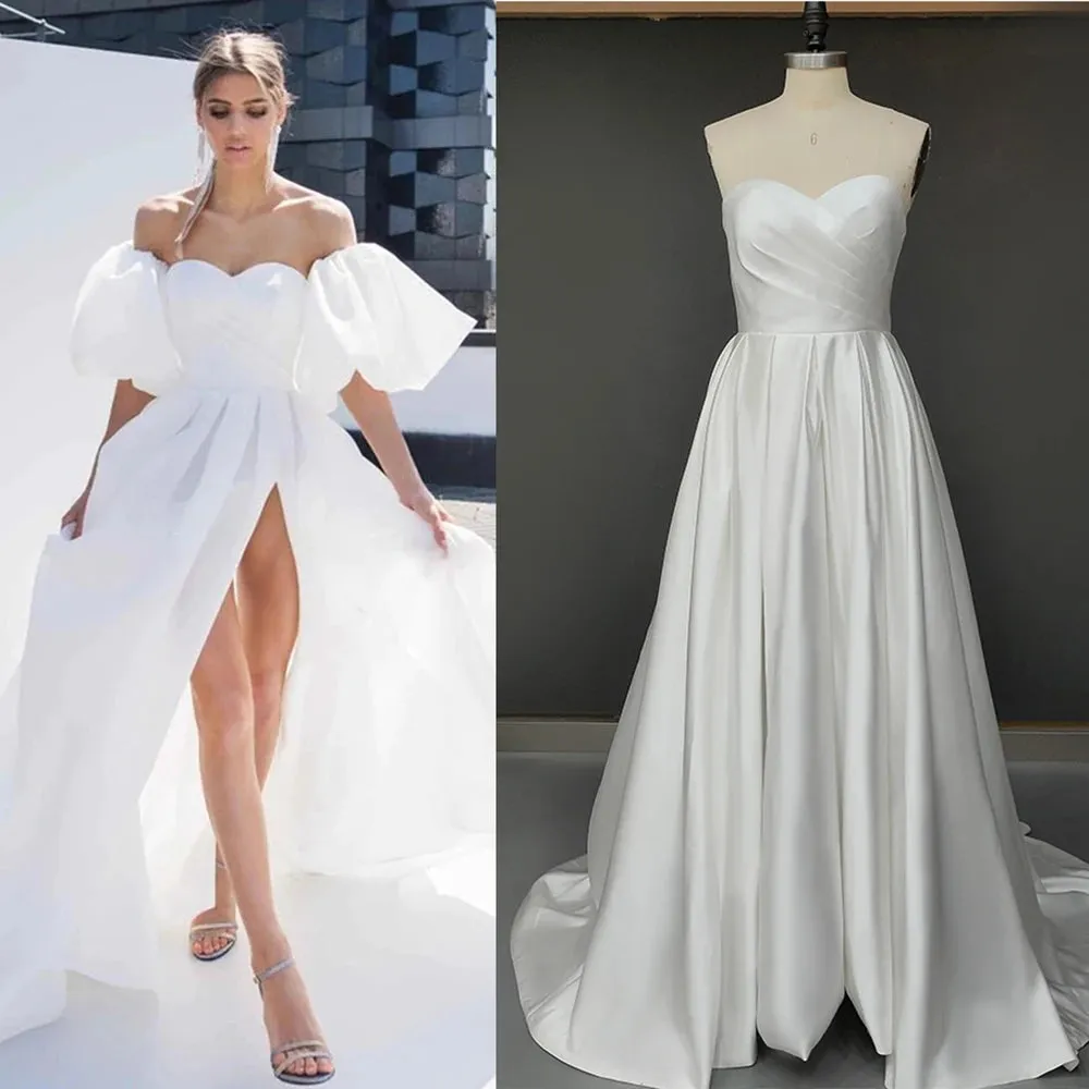 Luxe Satin Sweetheart Strapless Minimalist Bridal Gowns Customized Drop Ship Simple High Split Removable Sleeves Wedding Dress