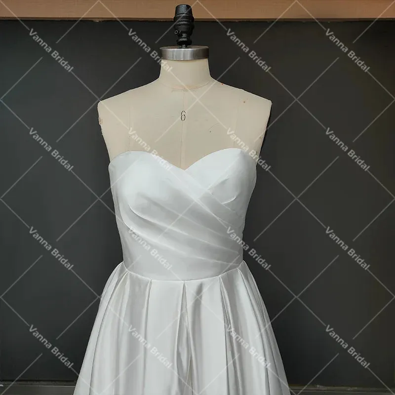 Luxe Satin Sweetheart Strapless Minimalist Bridal Gowns Customized Drop Ship Simple High Split Removable Sleeves Wedding Dress