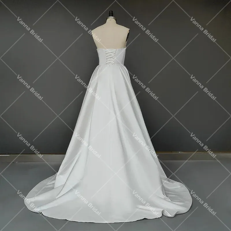 Luxe Satin Sweetheart Strapless Minimalist Bridal Gowns Customized Drop Ship Simple High Split Removable Sleeves Wedding Dress