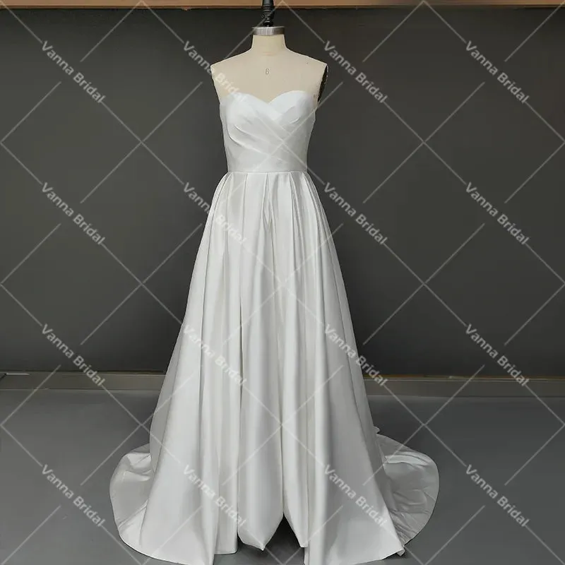 Luxe Satin Sweetheart Strapless Minimalist Bridal Gowns Customized Drop Ship Simple High Split Removable Sleeves Wedding Dress