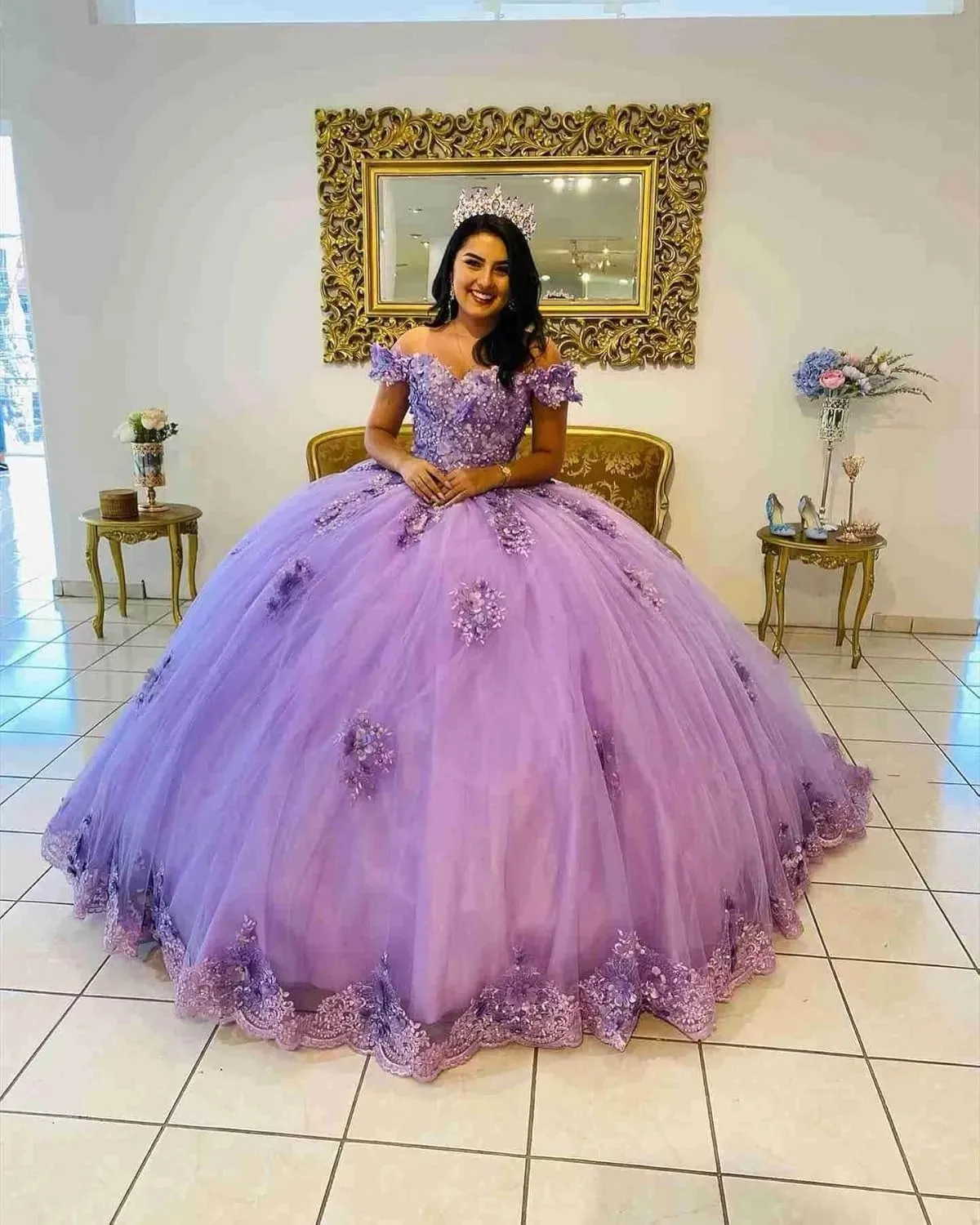 Luxury Lavender 3D Flower Quinceanera Dresses Beading Lace Princess Corset Ball Gowns Vestidos De 15 Anos Plus Size