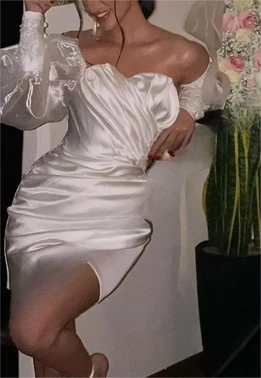 Luxury Long Sleeves Beads Satin Bride Bridal Gown Dress Sweetheart Above Knee Mini Short Formal Wedding Dresses Gowns
