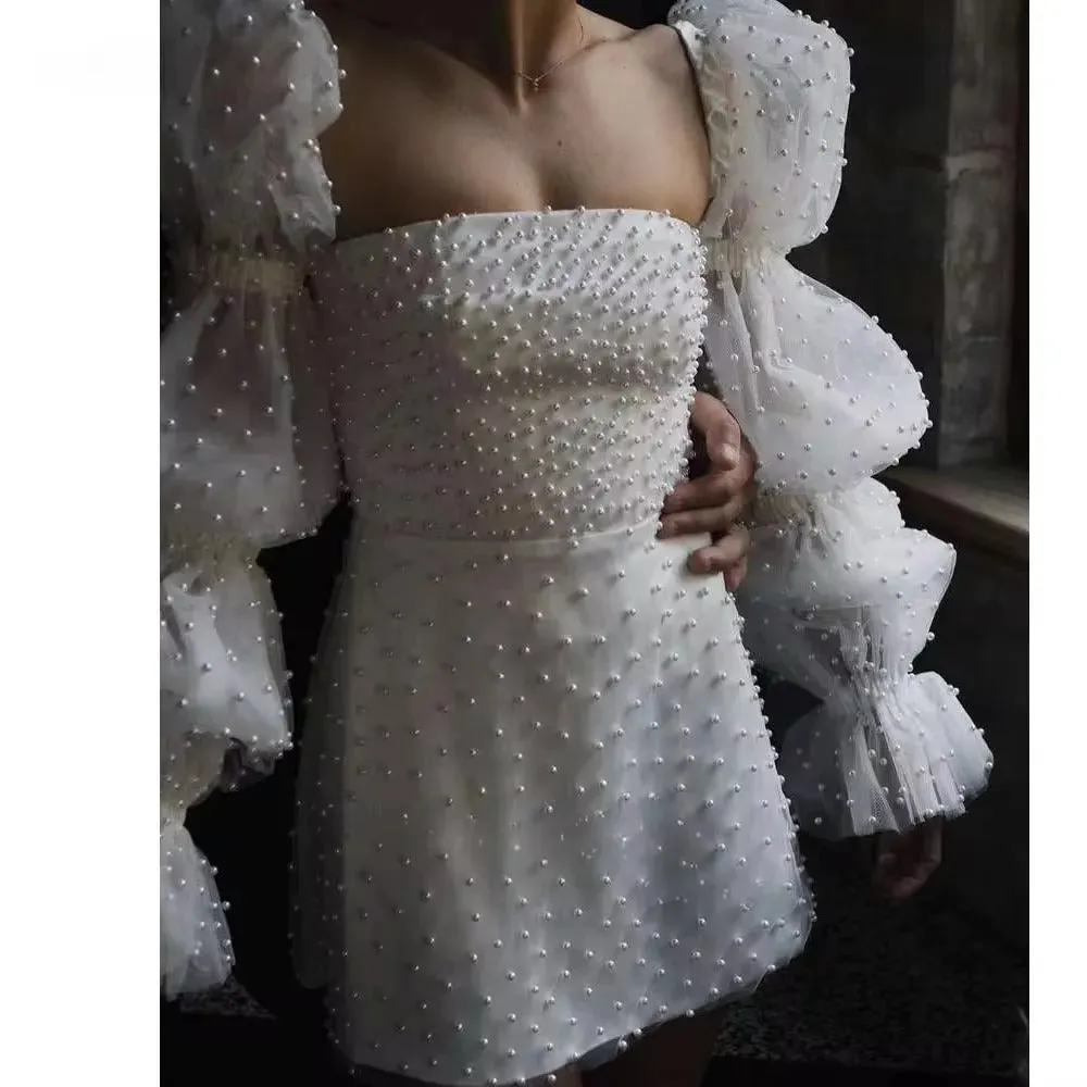 Luxury Pearls Short Wedding Dreses Puff Long Sleeves Square Neck Mini Bridal Gowns Robe de marriage Vestido de noiva