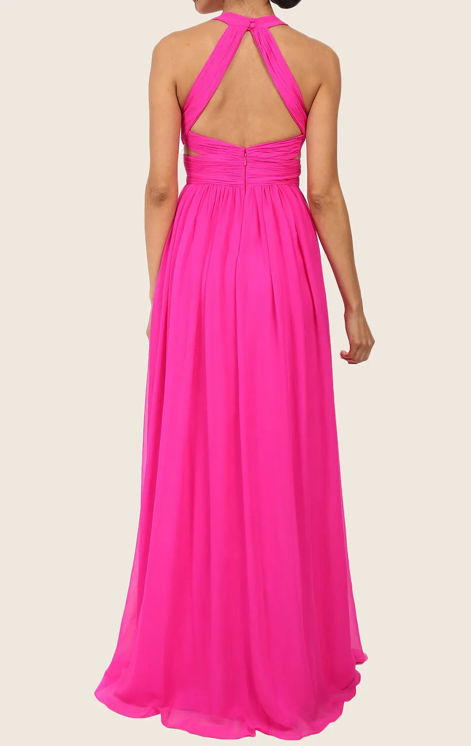 MACloth Straps V Neck Chiffon Maxi Prom Dress Fuchsia Formal Gown