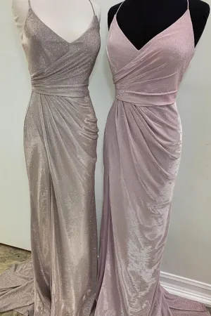 MACloth Straps V Neck Mermaid Long Prom Dress Pink Silver Formal Evening Gown