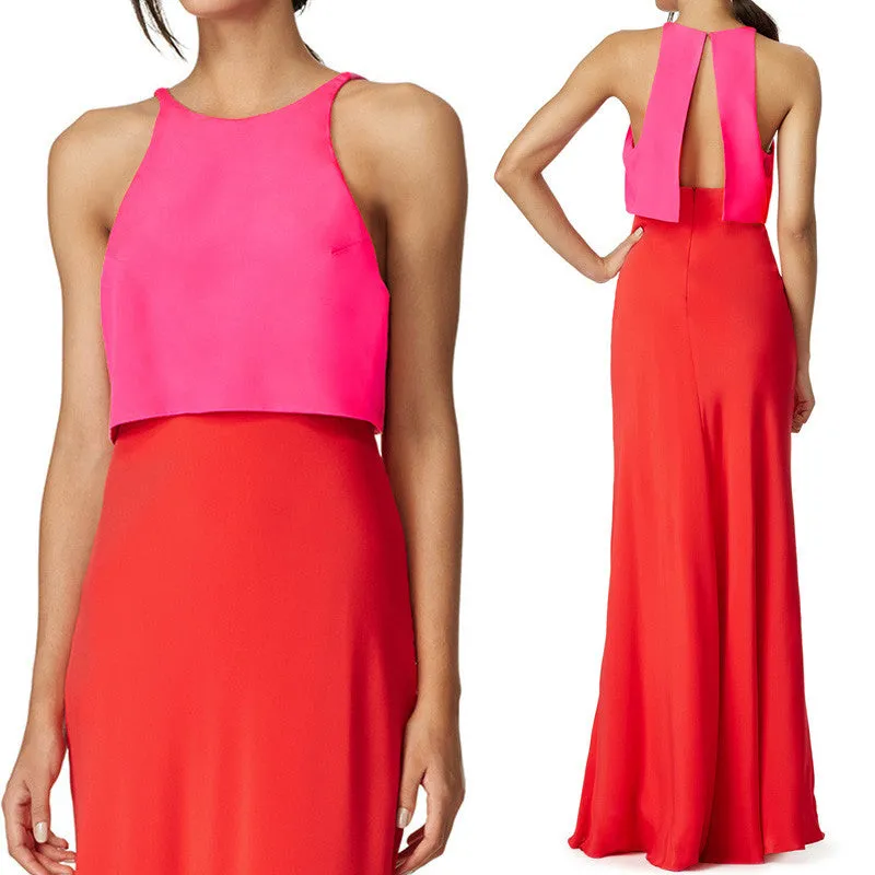 MACloth Two Piece Jersey Long Simple Prom Dress Red Fuchsia Formal Gown