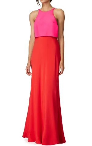 MACloth Two Piece Jersey Long Simple Prom Dress Red Fuchsia Formal Gown