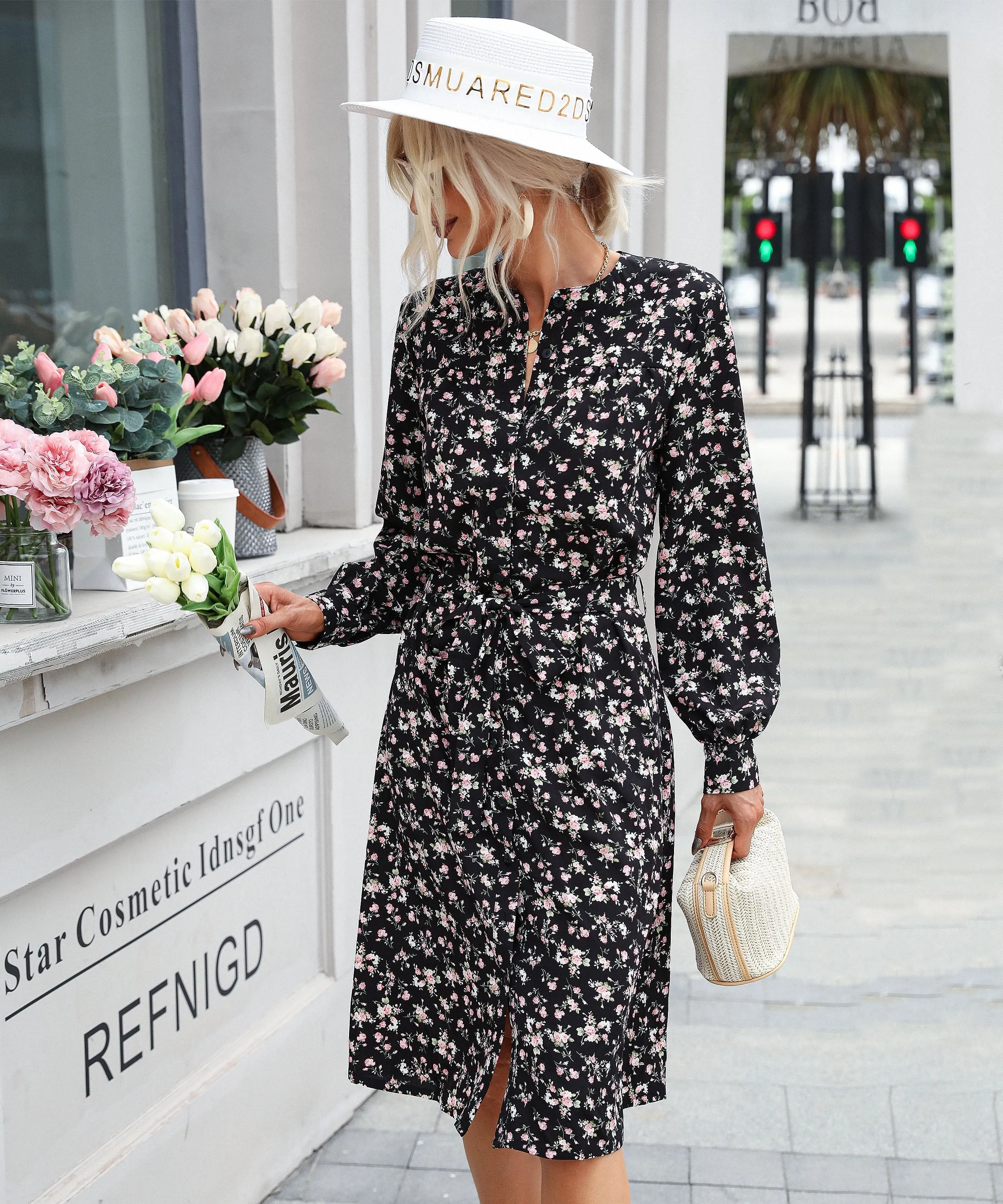 Madrie Floral Midi Dress - Black