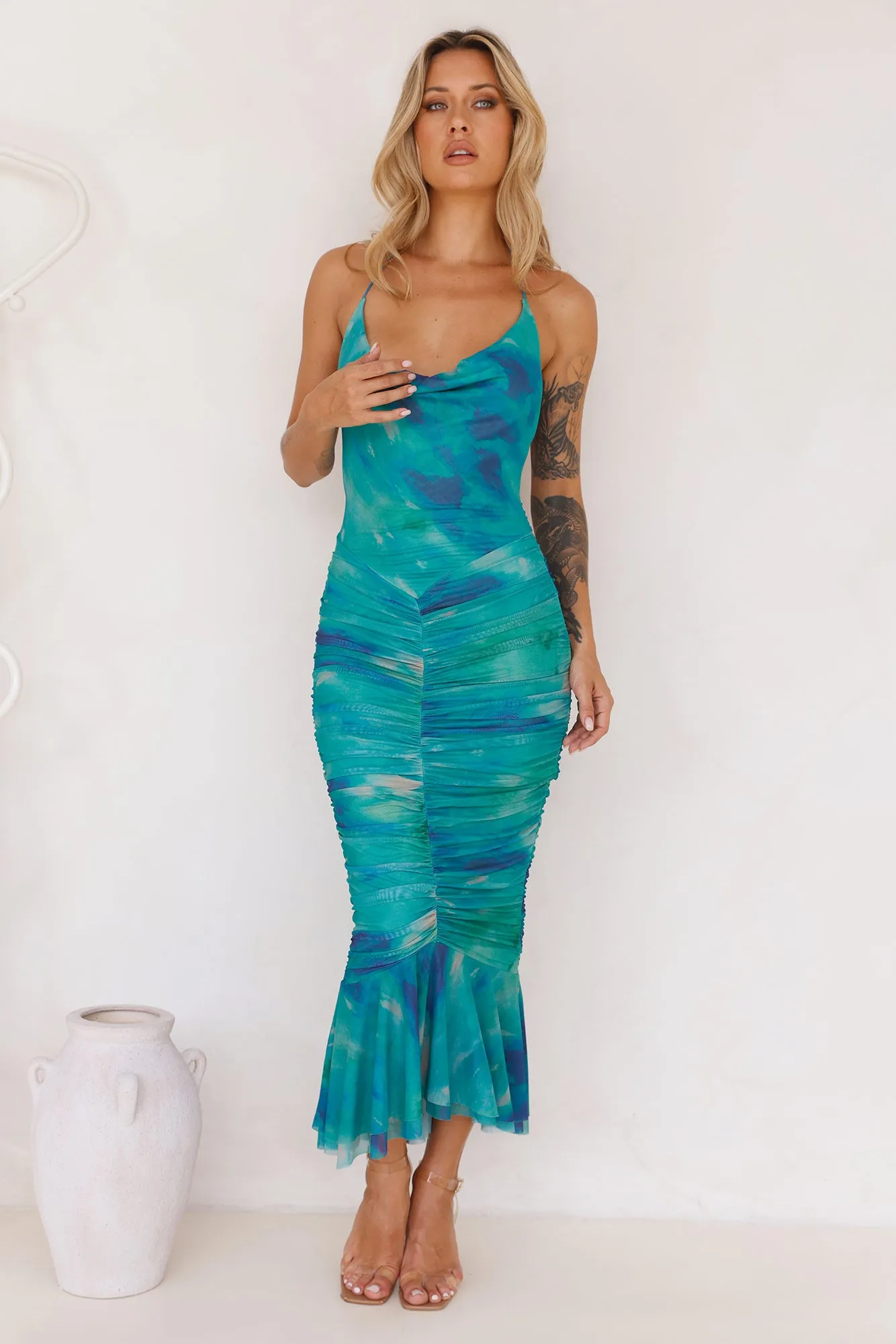 Magic Energy Mesh Halter Midi Dress Green
