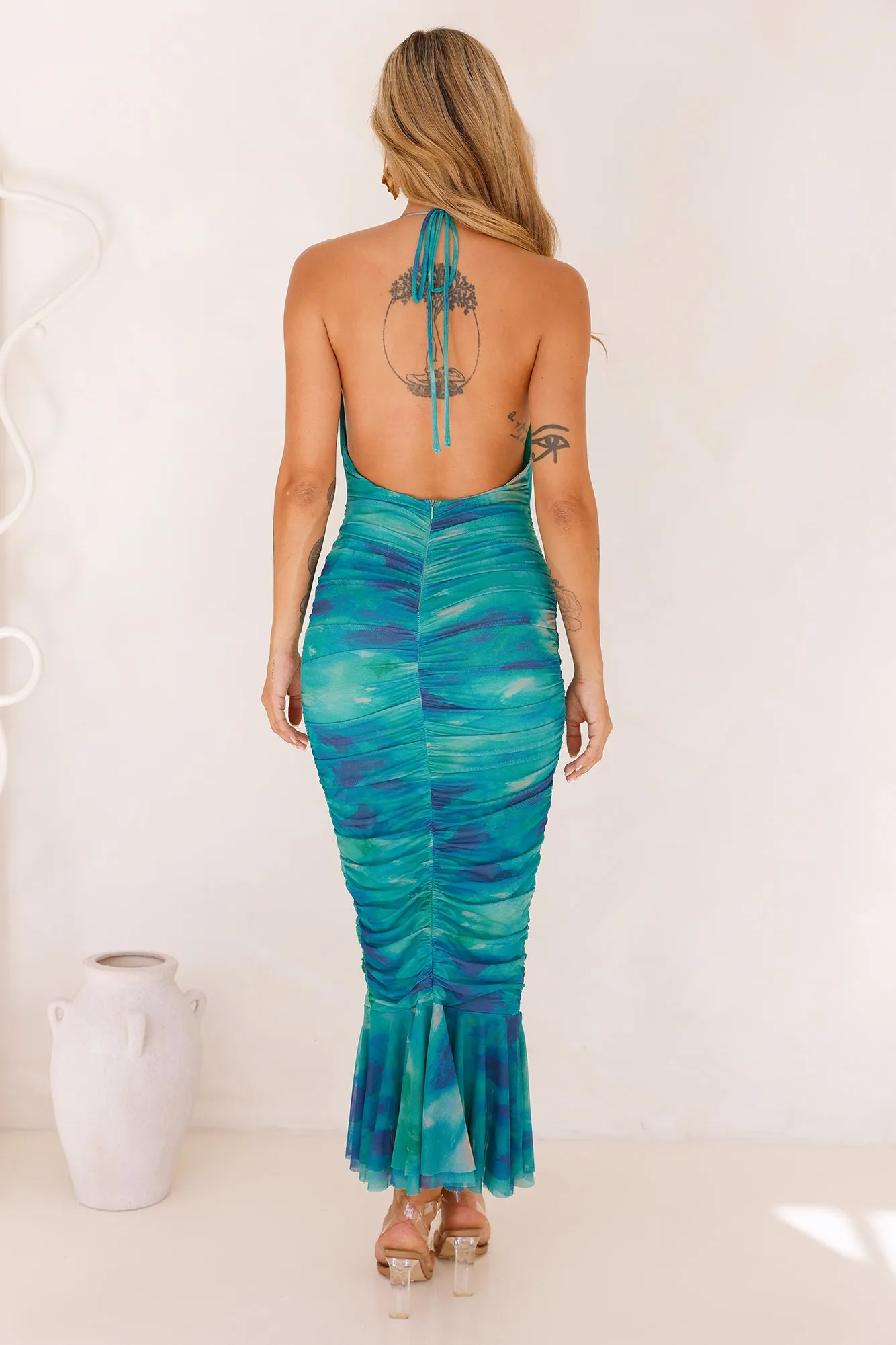 Magic Energy Mesh Halter Midi Dress Green
