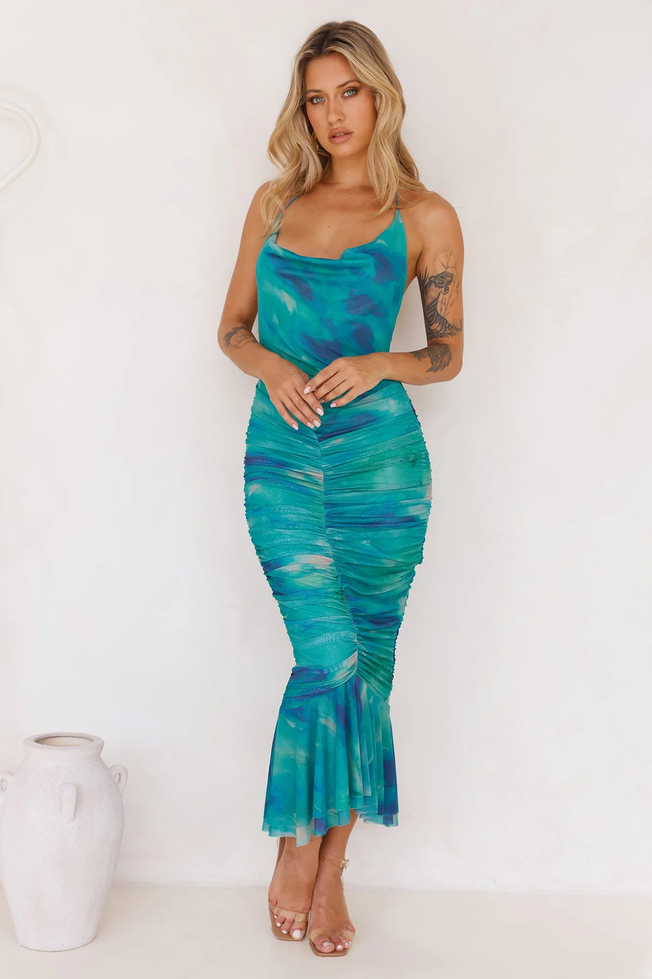Magic Energy Mesh Halter Midi Dress Green