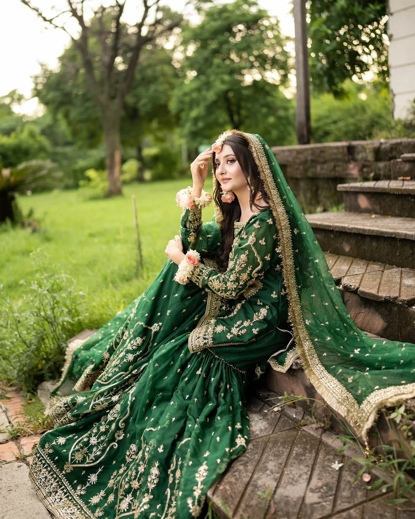 Maha Wajahat Bridal Gharara Fully Emroidered Chiffon Emerald Green MW-18