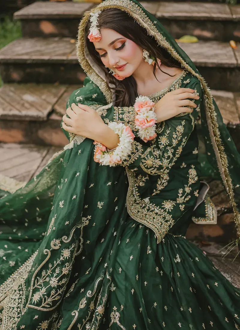 Maha Wajahat Bridal Gharara Fully Emroidered Chiffon Emerald Green MW-18