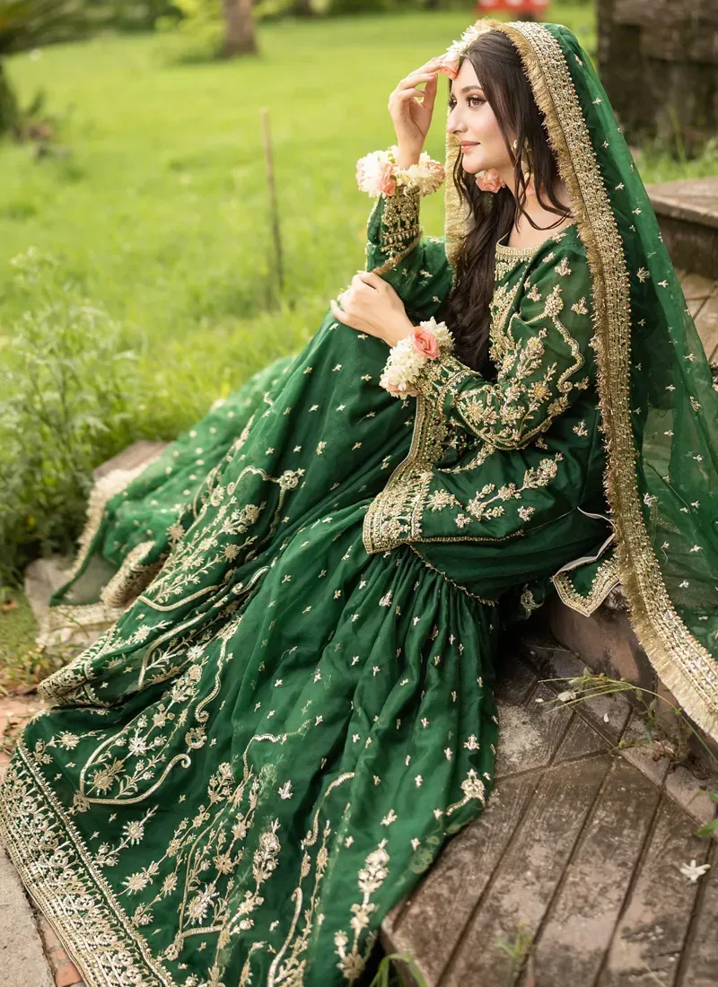 Maha Wajahat Bridal Gharara Fully Emroidered Chiffon Emerald Green MW-18