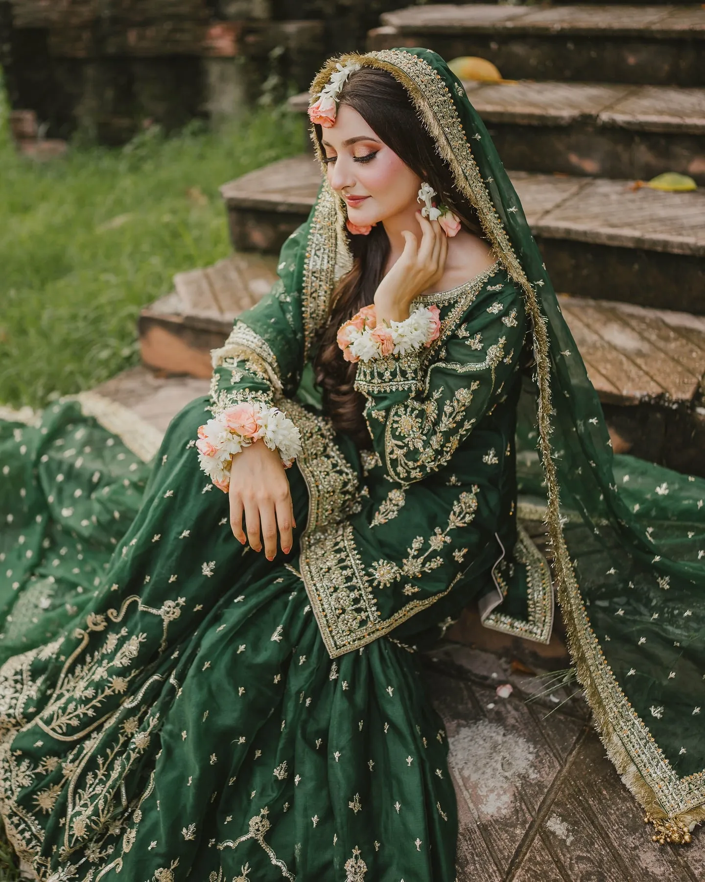 Maha Wajahat Bridal Gharara Fully Emroidered Chiffon Emerald Green MW-18