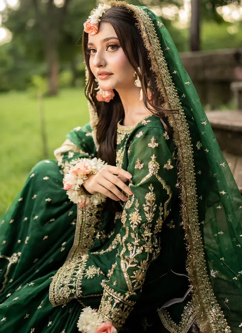Maha Wajahat Bridal Gharara Fully Emroidered Chiffon Emerald Green MW-18