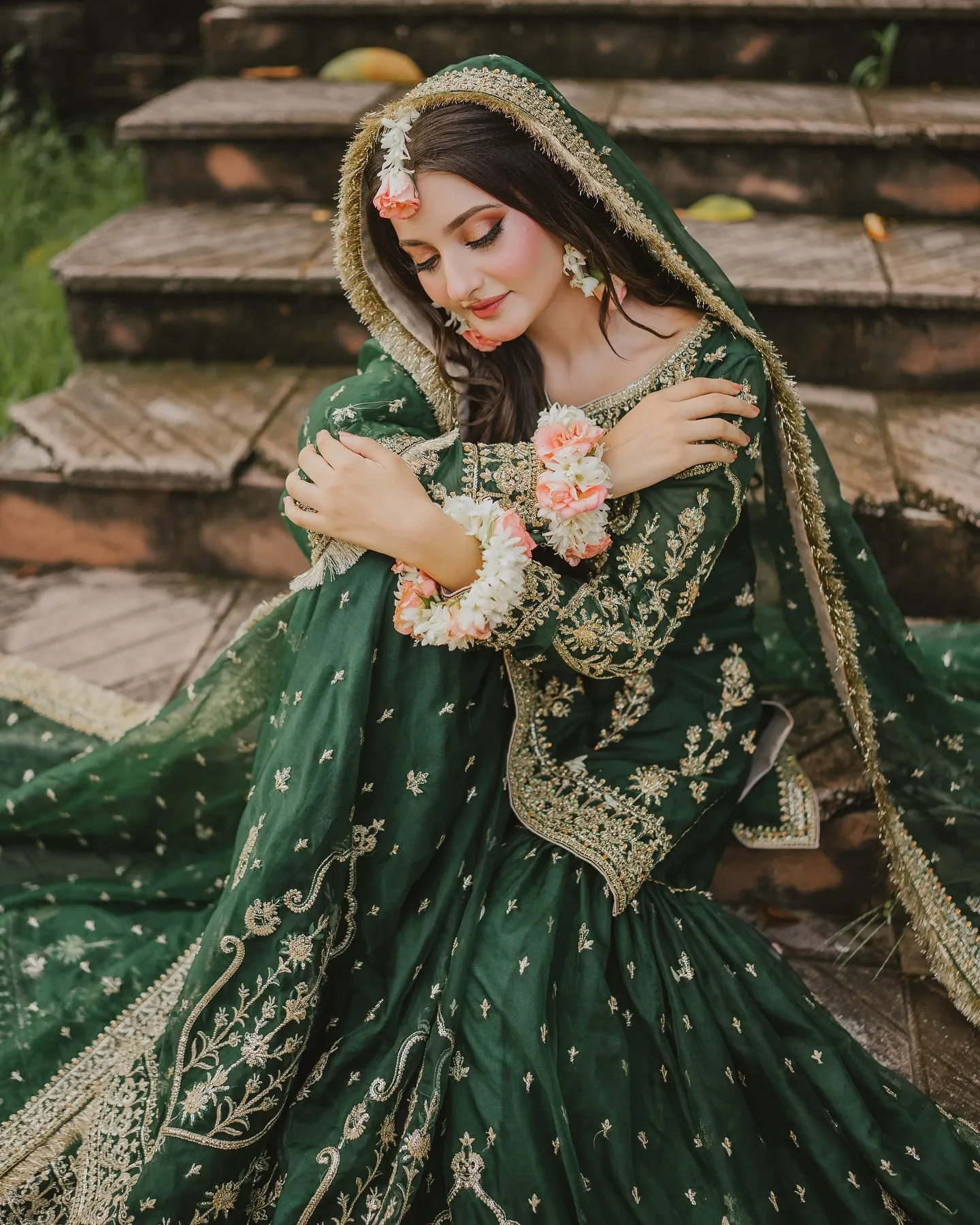 Maha Wajahat Bridal Gharara Fully Emroidered Chiffon Emerald Green MW-18