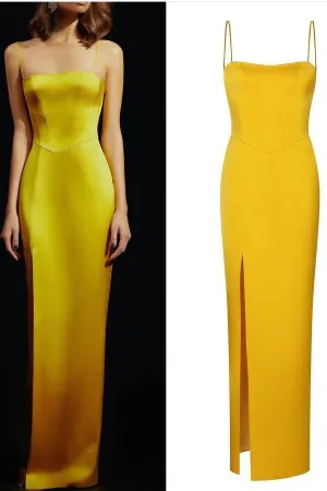 Maxi Long Yellow Prom Gowns with Spaghetti Straps