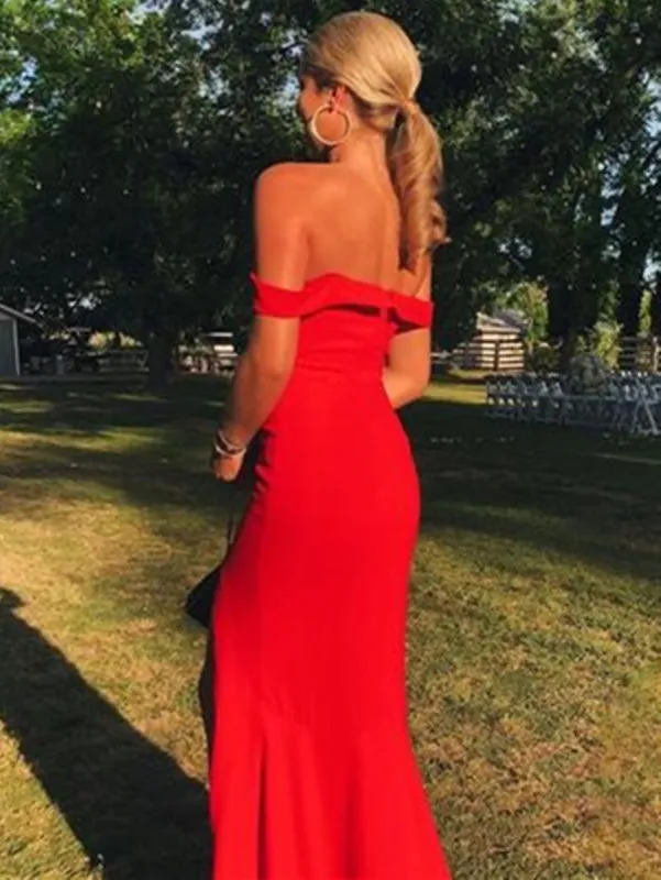 Maxi Off Shoulder Mermaid Long Red Prom with High Slit, Off Shoulder Red Formal, Mermaid Red Evening