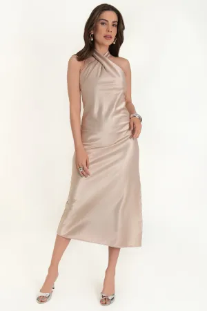 Maxi vestido satinado cuello halter nudo