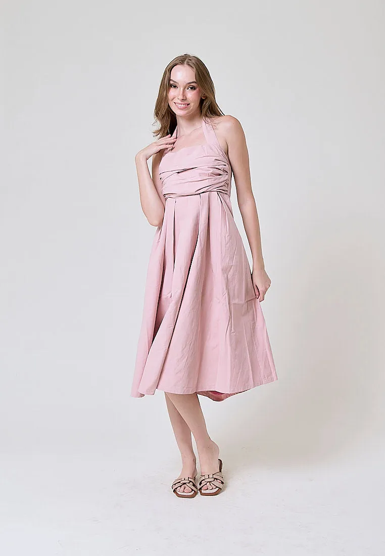 Melantha Old Rose Cowl Halter Midi Dress