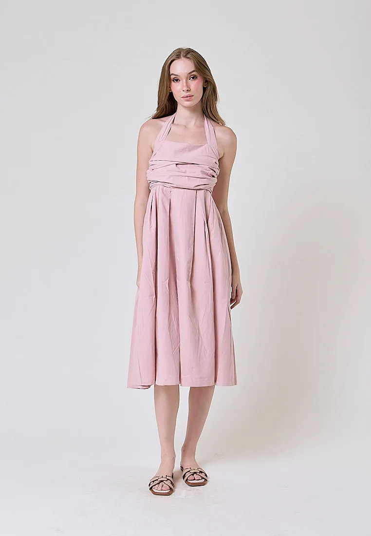 Melantha Old Rose Cowl Halter Midi Dress