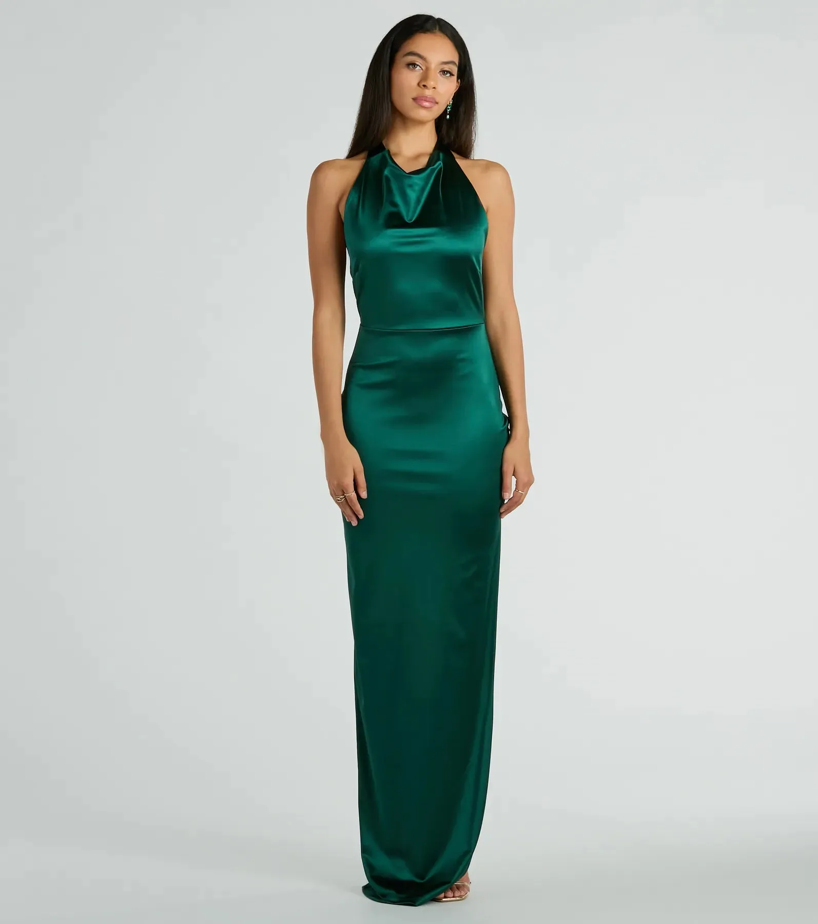 Melina Satin Halter High Slit Column Dress