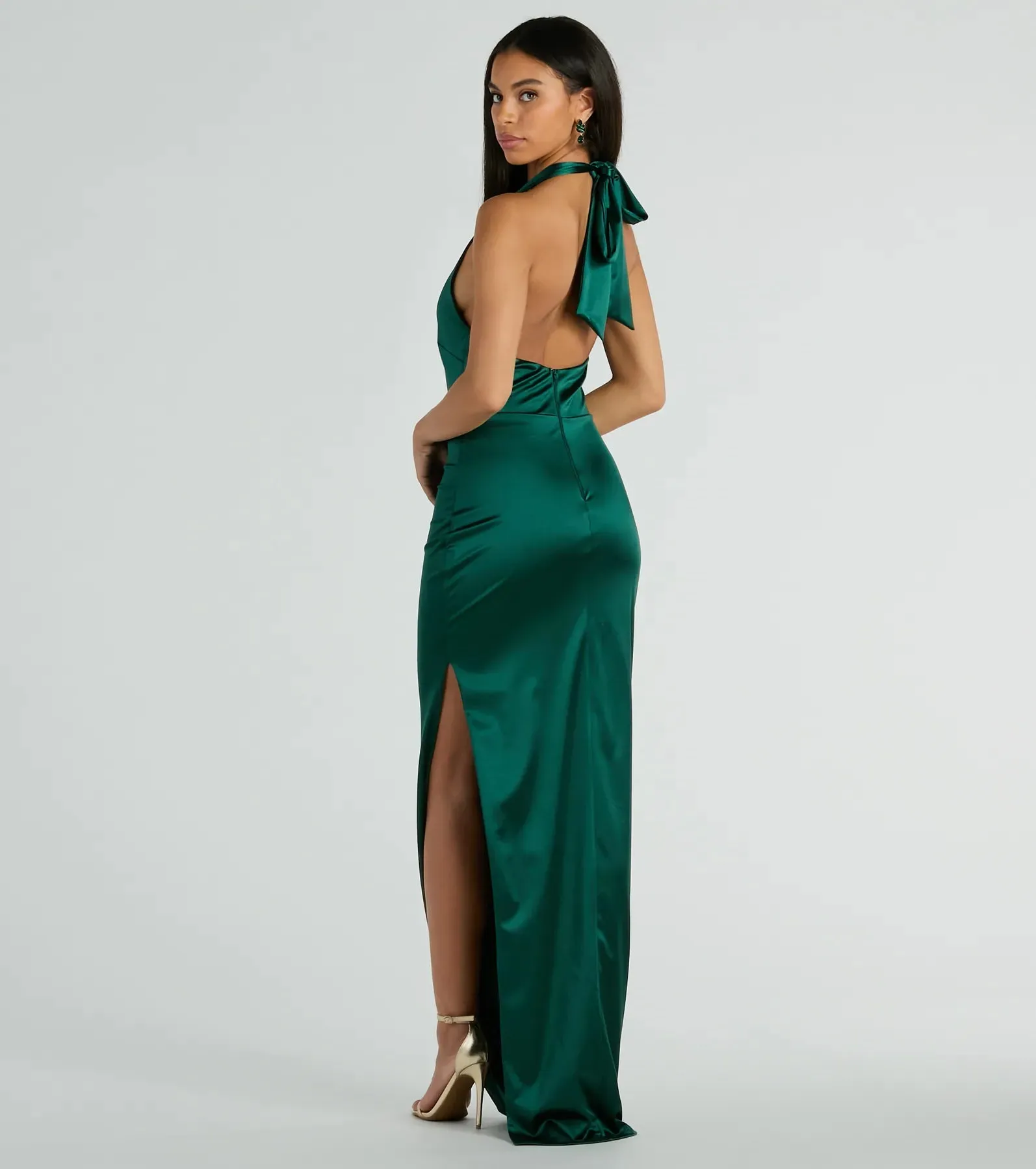 Melina Satin Halter High Slit Column Dress