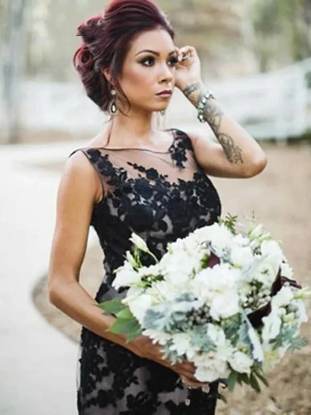 Mermaid Bateau Sleeveless Court Lace Tulle Black Wedding Dress