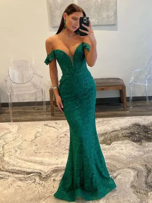 Mermaid Emerald Off the Shoulder Lace Long Prom Dresses
