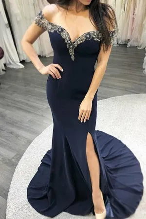 Mermaid Navy Blue Long Prom Evening Dresses Appliques Off the Shoulder,MP609