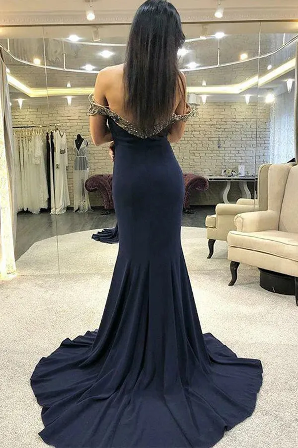 Mermaid Navy Blue Long Prom Evening Dresses Appliques Off the Shoulder,MP609