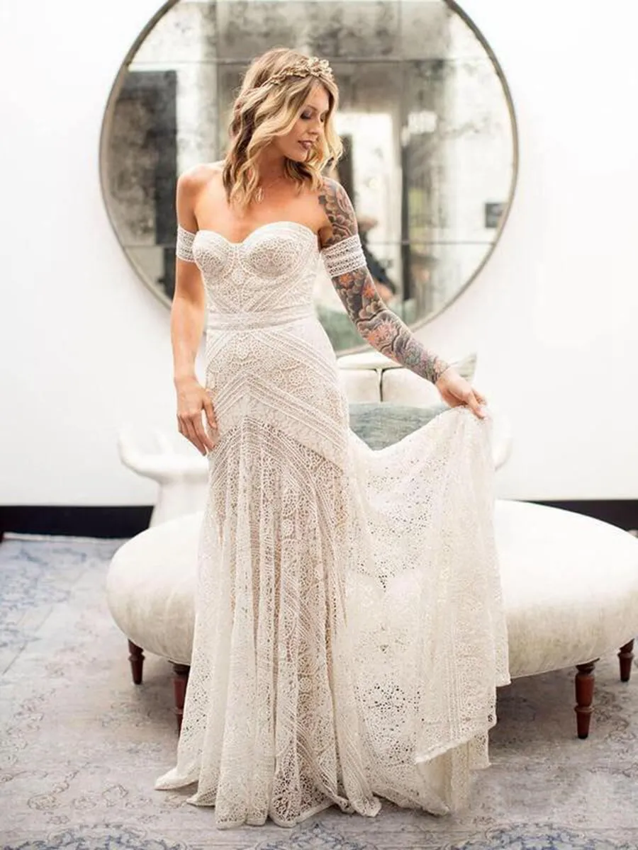 Mermaid Off-the-Shoulder Backless Lace Beach Wedding Dresses