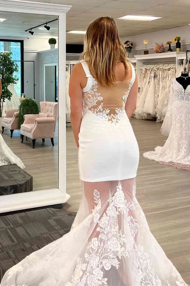 Mermaid Square Neck Lace Tulle Bridal Dresses