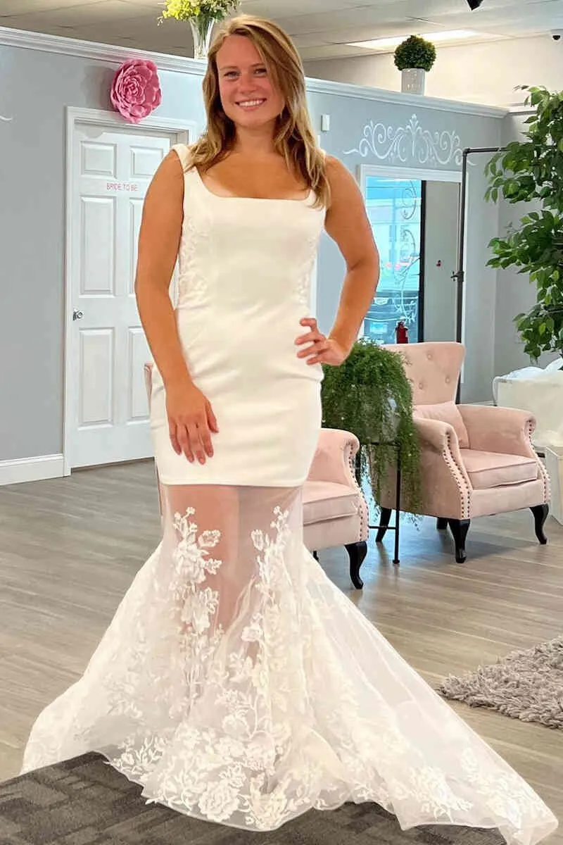 Mermaid Square Neck Lace Tulle Bridal Dresses