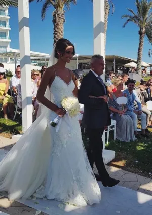 Mermaid Strap V Neck Sleeveless Chapel Train Lace Wedding Dress