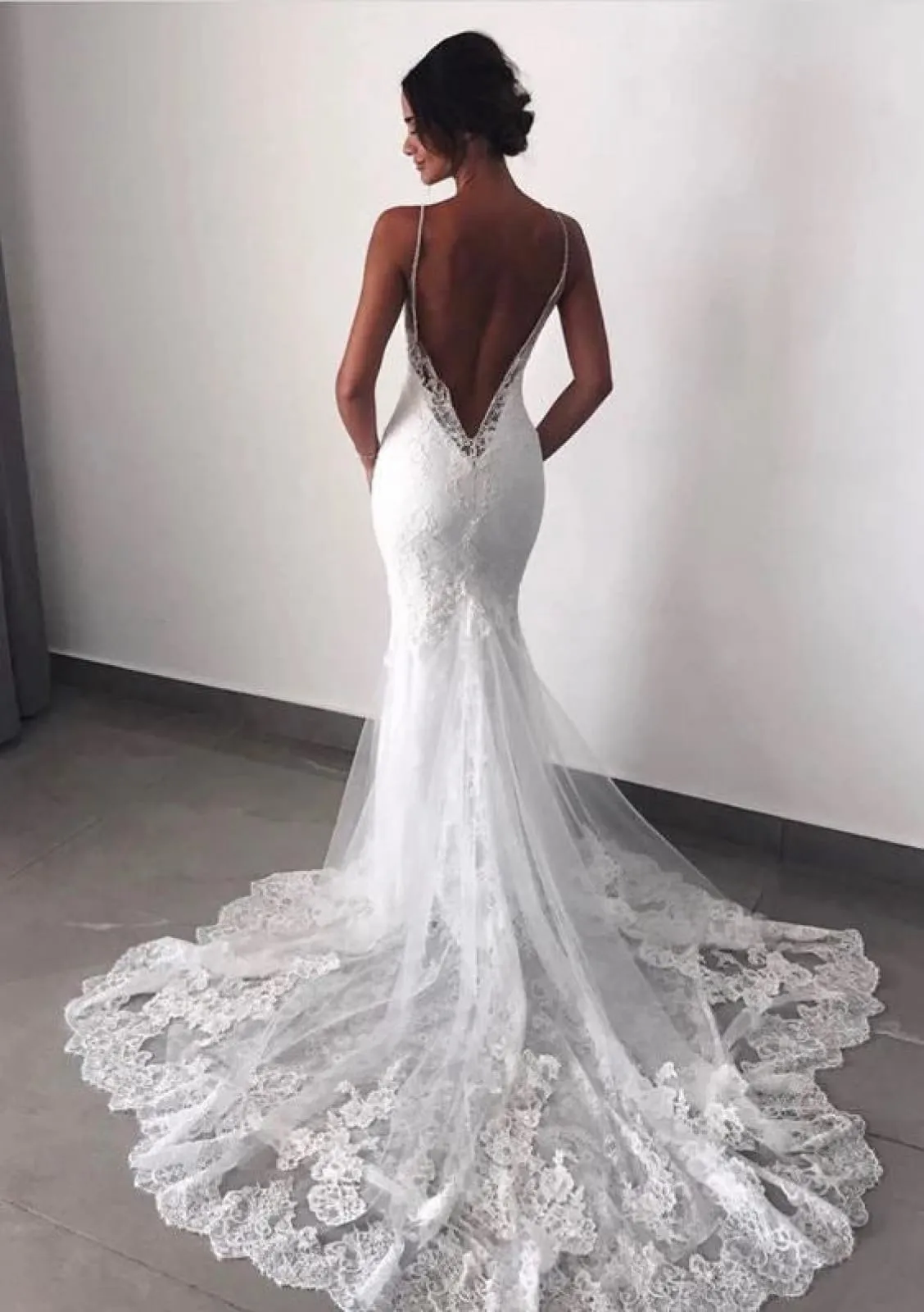 Mermaid Strap V Neck Sleeveless Chapel Train Lace Wedding Dress