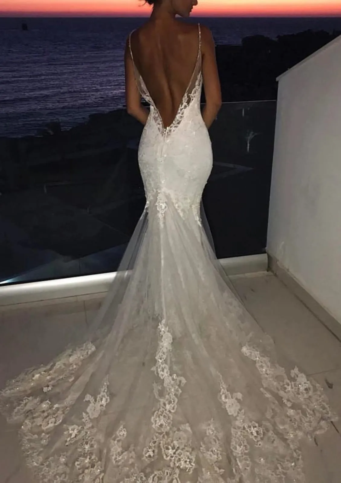 Mermaid Strap V Neck Sleeveless Chapel Train Lace Wedding Dress