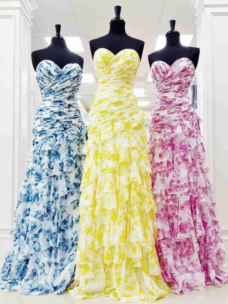 Mermaid Sweetheart Printed Chiffon Long Prom Dresses with Slit