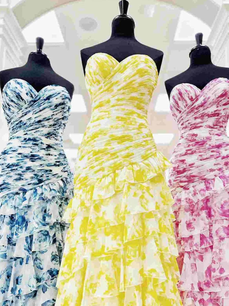 Mermaid Sweetheart Printed Chiffon Long Prom Dresses with Slit