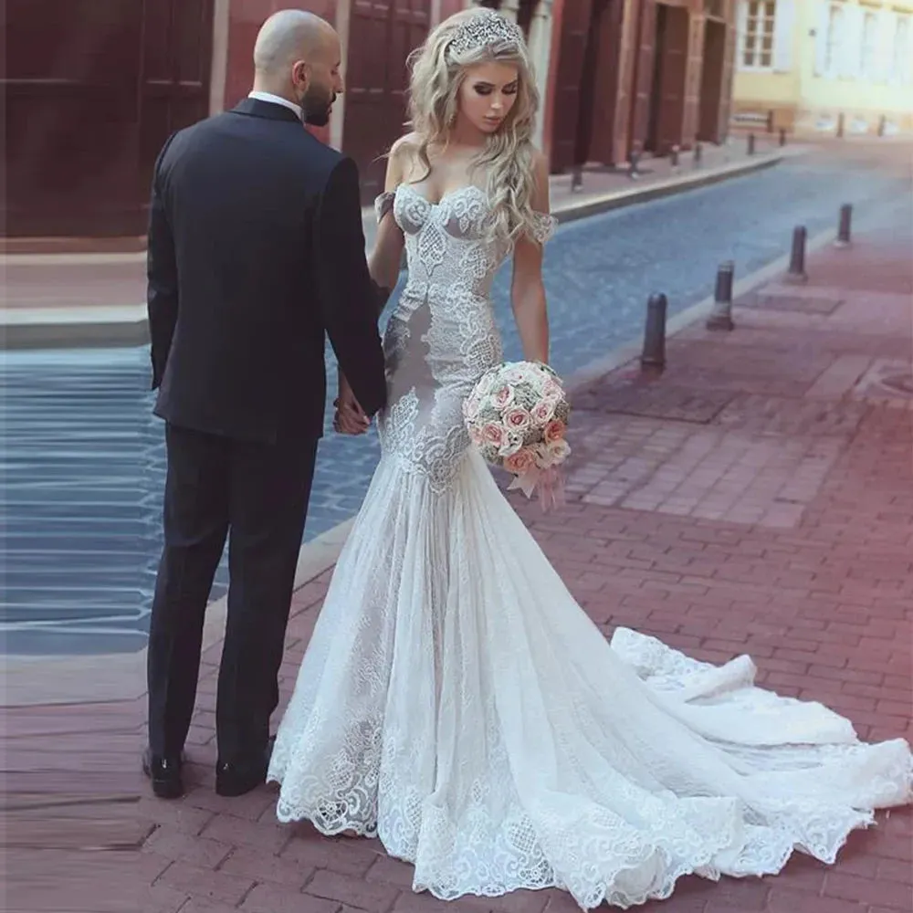 Mermaid Women's Lace Applique Bridal Dresses Sleeveless Sweetheart Sexy Backless Princess Wedding Gowns Vestido De Novia