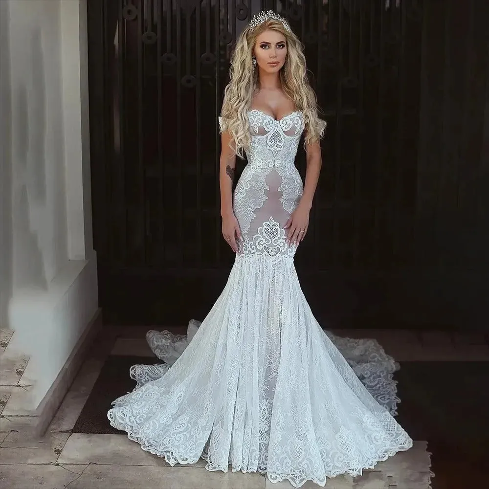 Mermaid Women's Lace Applique Bridal Dresses Sleeveless Sweetheart Sexy Backless Princess Wedding Gowns Vestido De Novia