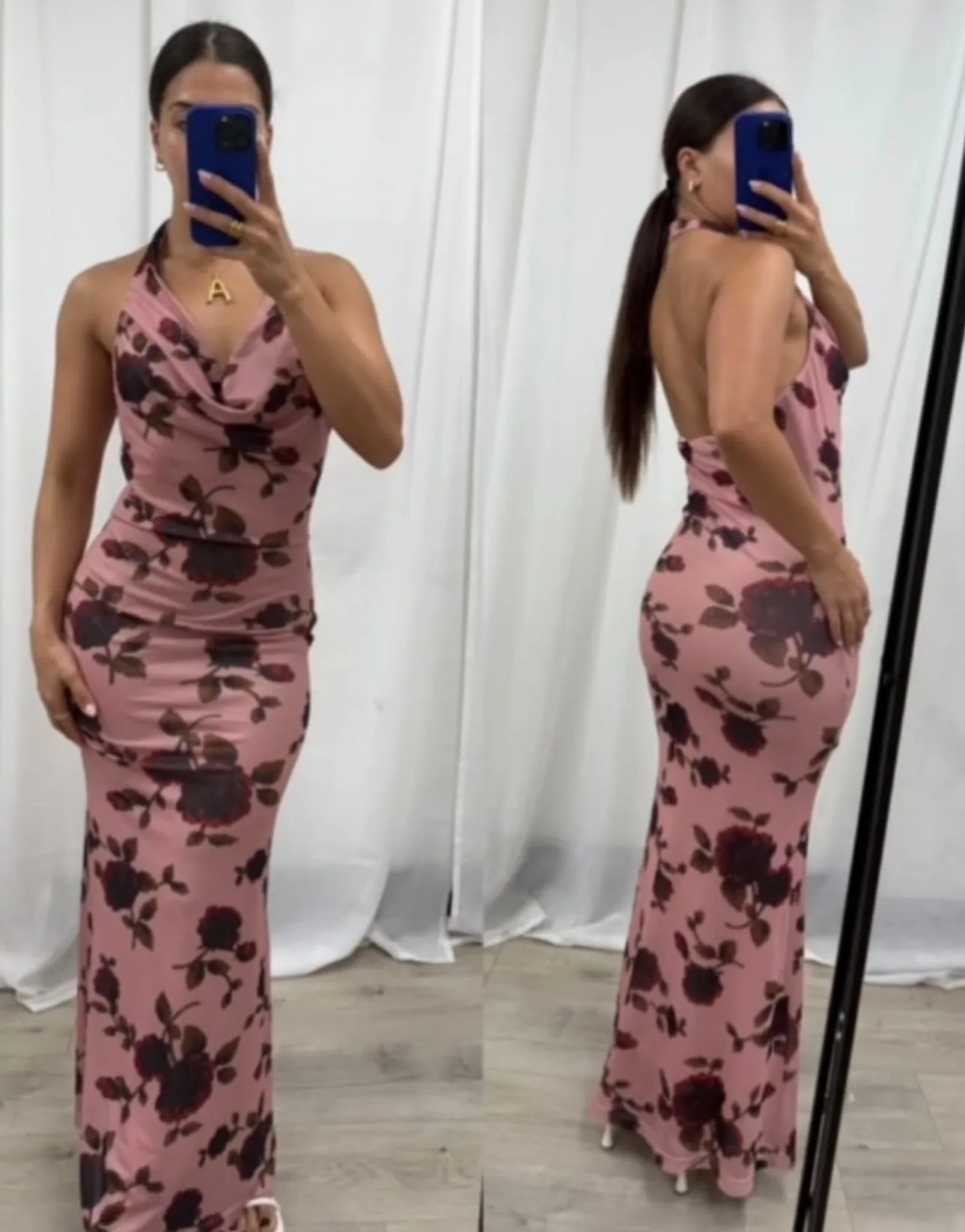 Mila Elegant Floral Print Mesh Maxi Dress – Pink /Black