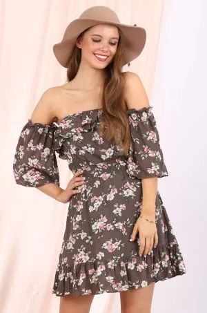 MISS PINKI Aliyah off shoulder frill mini dress in khaki floral