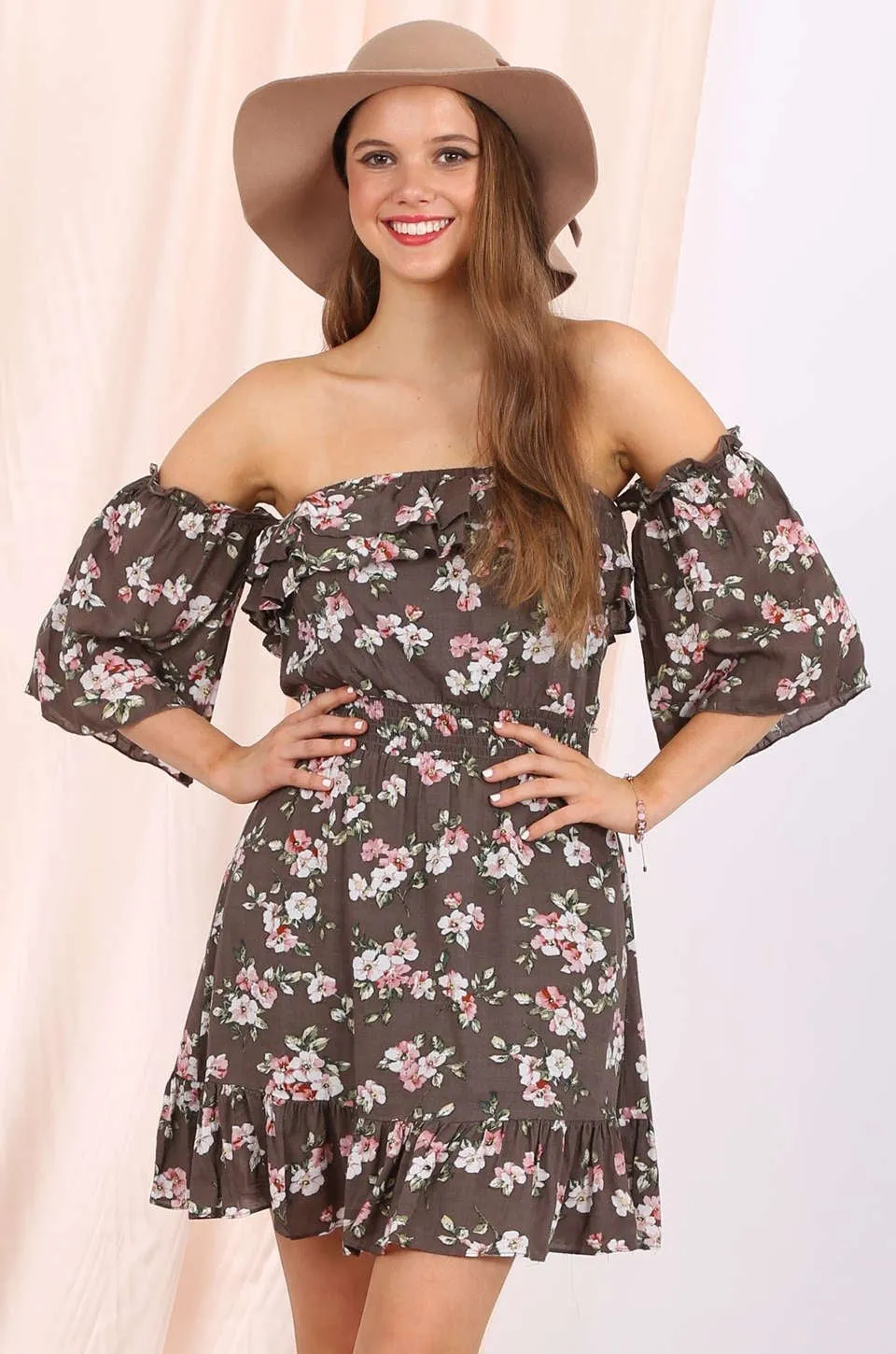 MISS PINKI Aliyah off shoulder frill mini dress in khaki floral
