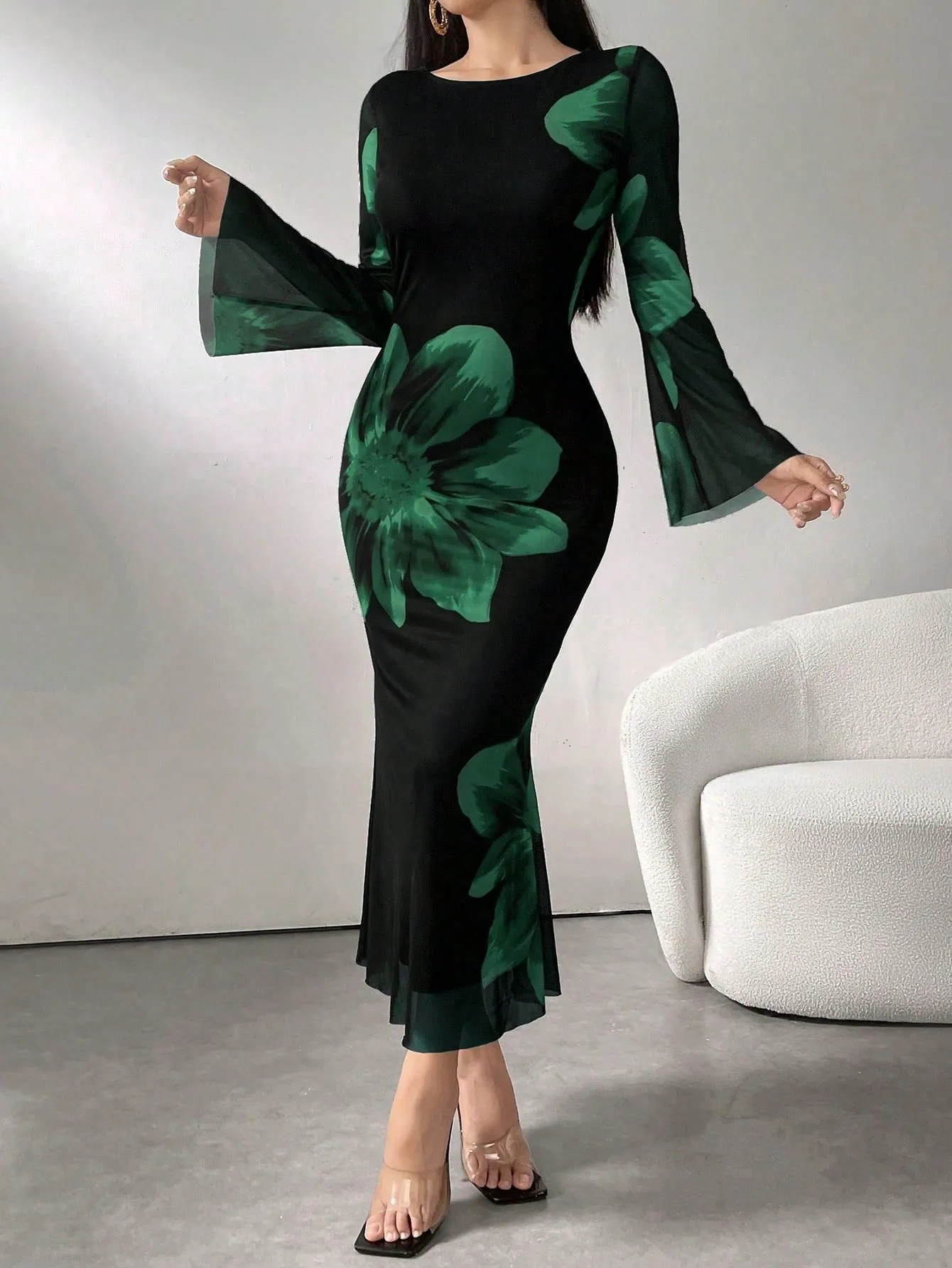 Modely Women's Round Neck Long Sleeve Floral Print Elegant Chiffon Dress