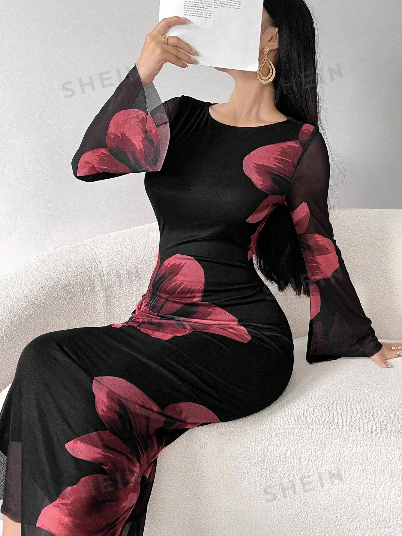 Modely Women's Round Neck Long Sleeve Floral Print Elegant Chiffon Dress