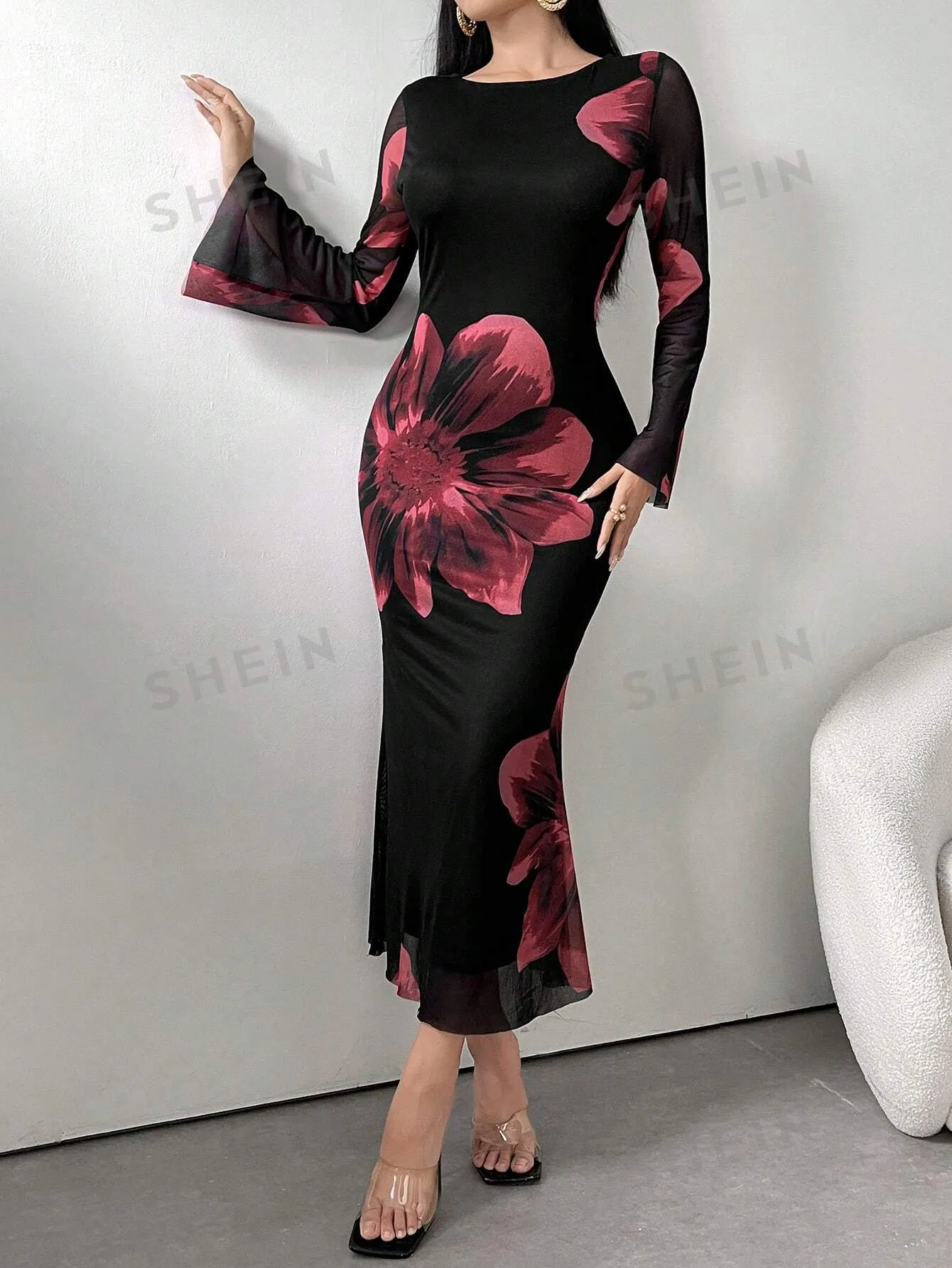 Modely Women's Round Neck Long Sleeve Floral Print Elegant Chiffon Dress