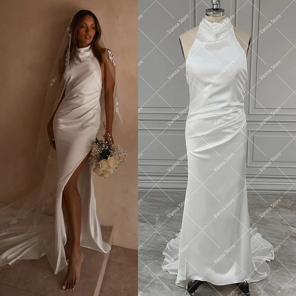 Modern Glossy Satin High Neck Sexy Bridal Gowns Bias Cut Thigh Slit Ruched Halter Open Back Customized Simple Wedding Dress